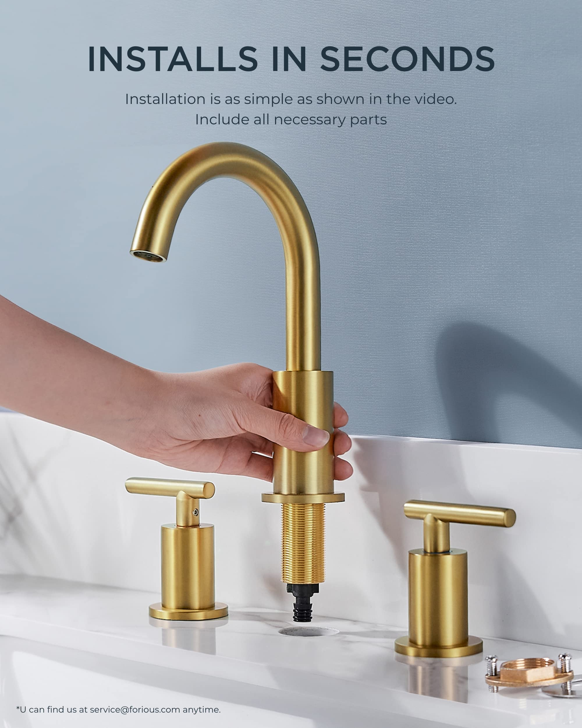 FORIOUS Brushed Gold Bathroom Faucet 3 Hole, Two Handle Bathroom Sink Faucet Gold with Metal Overflow Drain, 8 inch Widespread Bathroom Faucet with 360° Swivel Gooseneck, Gold Faucet for Bathroom Sink