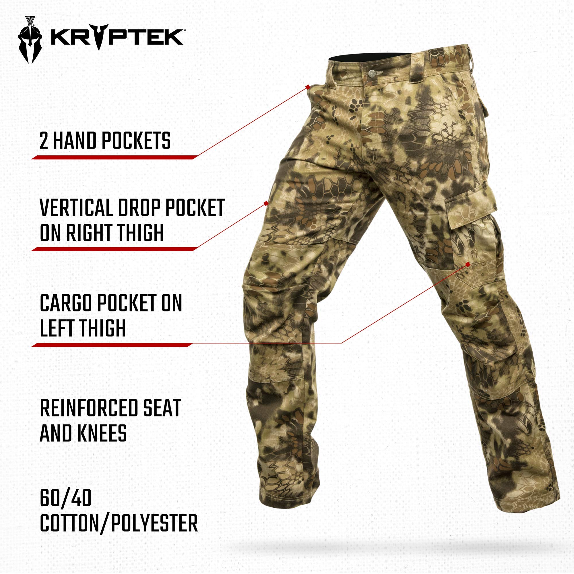 Kryptek Men's Standard Stalker, Stealthy Camo Hunting Pant with Reinforced Knees, and Seat, Highlander, Large Long