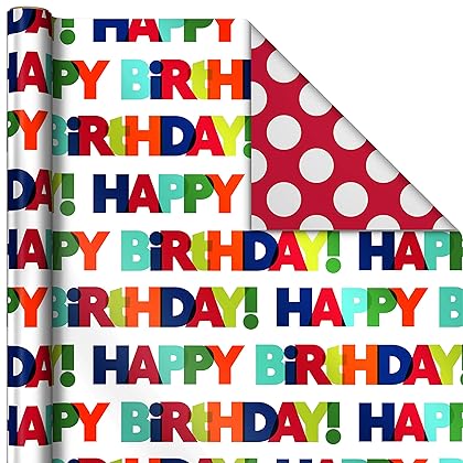 Hallmark Reversible Birthday Wrapping Paper Bundle (3-Pack: 75 sq. ft. ttl.) Balloons, Bright Green, Teal Stripes, White Polka Dots on Red