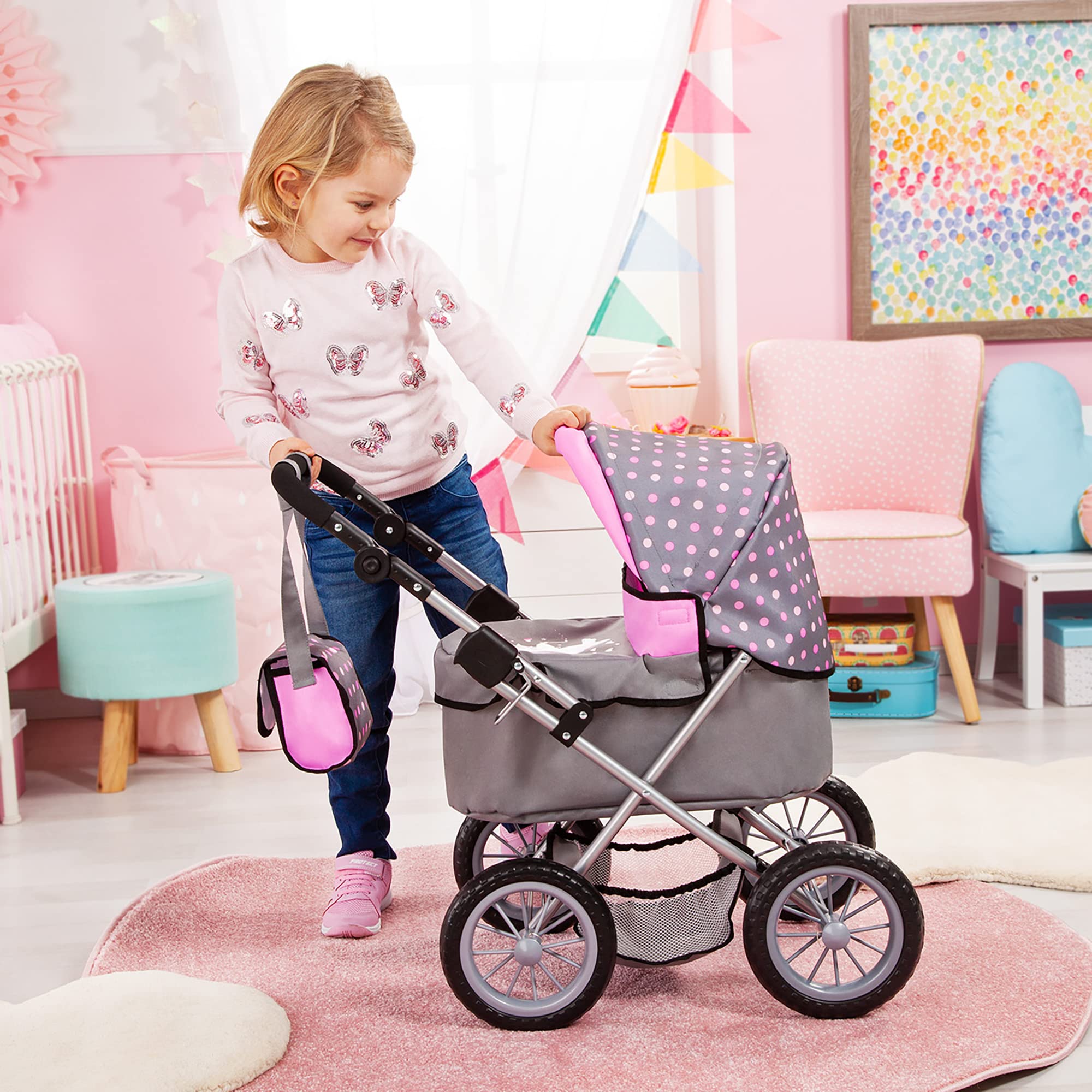 Bayer Design Dolls: Trendy Pram - Grey, Pink, Dots - Includes Shoulder Bag, Fits Dolls Up to 18