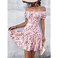 Women's Dress Dresses for Women Floral Print Off Shoulder Ruffle Hem Dress Dresses (Color : Baby Pink, Size : Large)