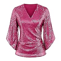 Womens Sequin Tops 3/4 Sleeve Glitter Sparkly Party Blouse V Neck Dressy Tops for Basics Long Sleeved T Shirt