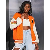 2022 Women's Jacket Letter Patch Detail Drop Shoulder Two Tone Teddy Varsity Jacket Jackets Fashion (Color : Orange, Size : Medium)
