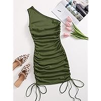 Dresses for Women Women's Dress One Shoulder Ruched Knot Side Bodycon Dress Dresses (Color : Army Green, Size : Small)