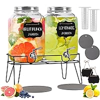AMEY 2 Gallon Glass Drink Dispenser - Iced Beverage Dispensers with Spigots, Stainless Steel Lid & Accessories - Clear Beverage Dispensers with Stand for Buffets, Parties, Kitchen Countertop - 2 Pack