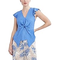BCBGMAXAZRIA Women's Fit and Flare Flutter Sleeve Twist Front V Neck Top