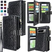 Harryshell Compatible with Google Pixel 8 Pro Case Wallet Detachable Magnetic Cover Leather Case Cover with Cash Coin Zipper Pocket 12 Card Slots Holder Wrist Strap Lanyard (Flower Black)