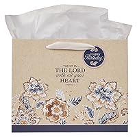 Christian Art Gifts Large Landscape Inspirational Scripture Birthday Gift Bag, Tag & Wrapping Tissue Paper Set for Women: Trust in the Lord Bible Verse, Honey Brown, Navy Blue & Creamy White Floral