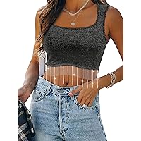 ZXZY Cute Crop Tops Square Neck Sparkly Body Chains Rhinestone Sleeveless Y2k Cropped Tank Tops for Women