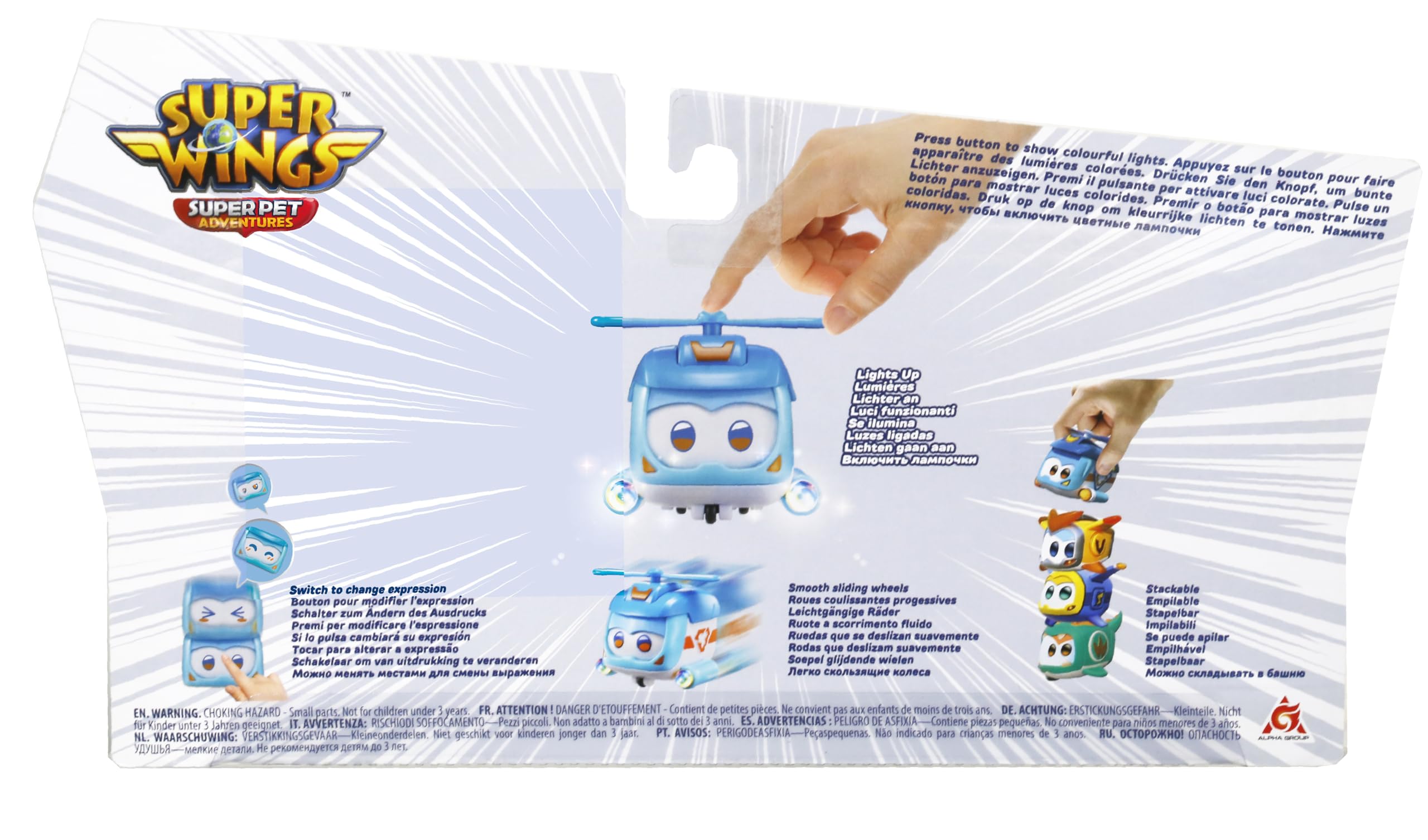 Super Wings Super Pets 4-Pack Collection Super Pets Jerome, Golden Boy, Shine, Tino, Vehicle Action Figure, with Light Effect and Switch Emotion Expressions, Gifts for Kids Aged 3 and Up