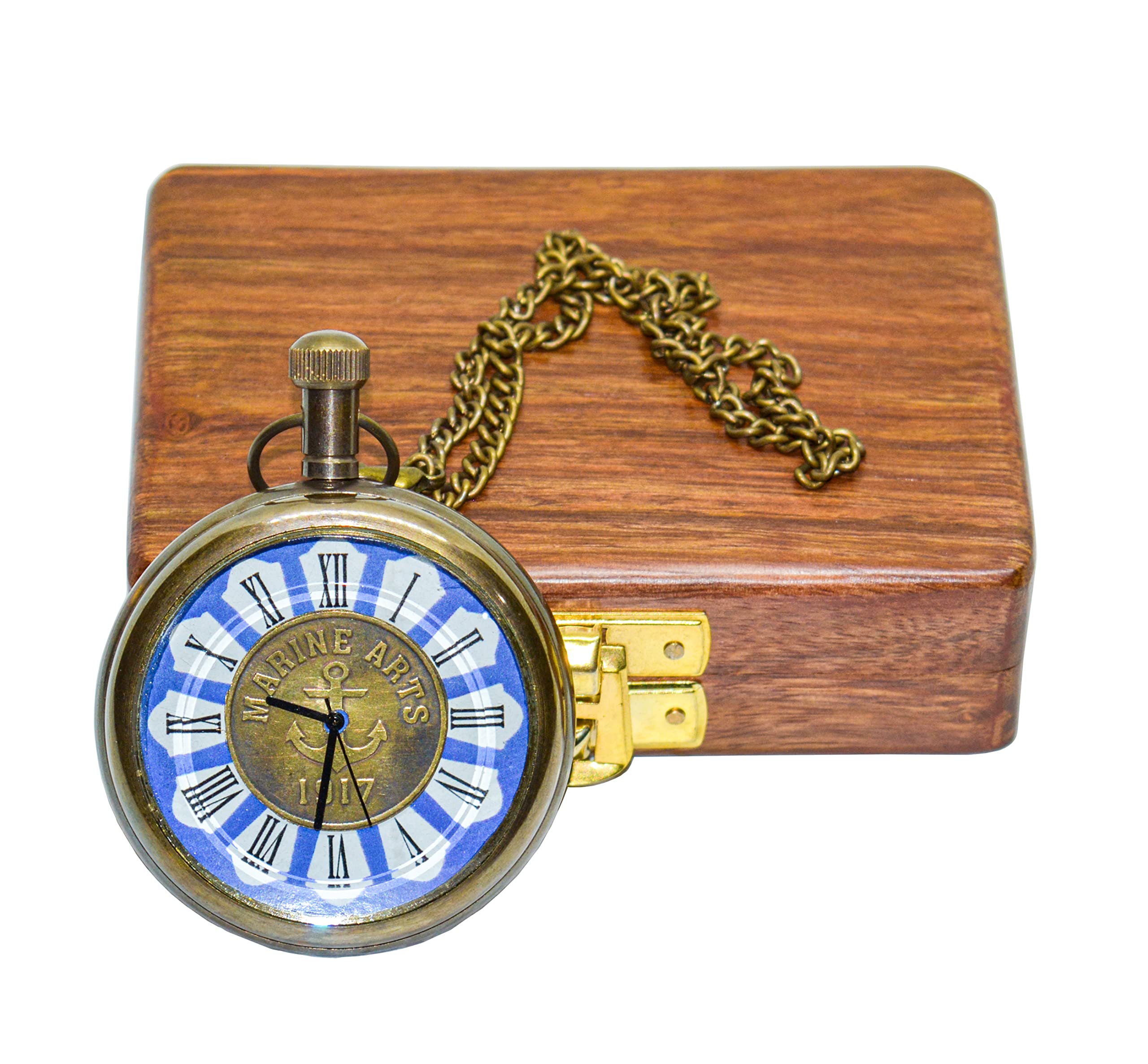 Hassanhandicrafts Antique Vintage Maritime Marine Art Brass Pocket Watch Fob Chronometer with Wooden Box