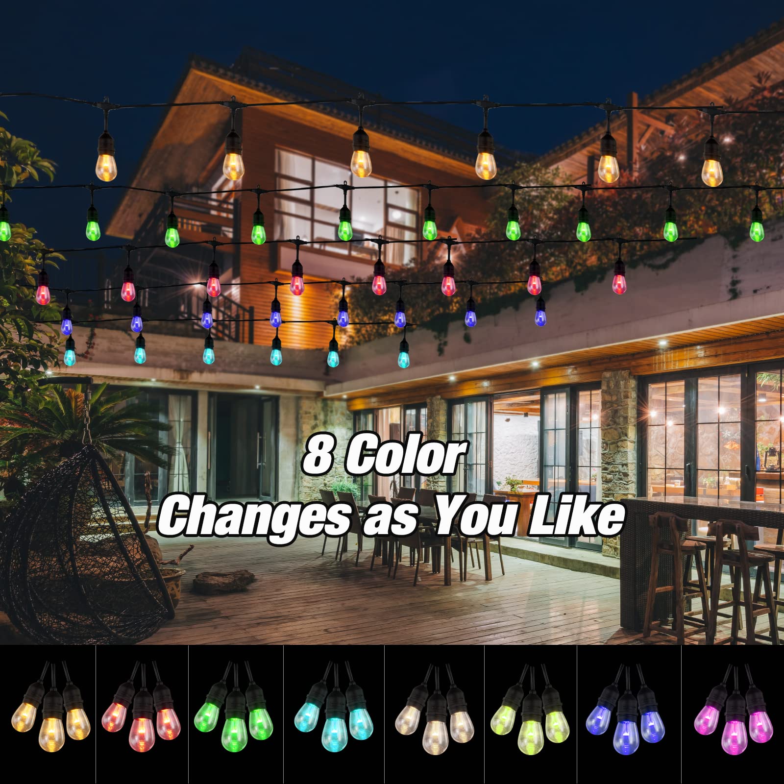 IPStank Outdoor String Lights, 24FT Color Changing Outdoor String Lights, Patio Lights Outdoor Waterproof Porch Light with Remote, for Patio Decor