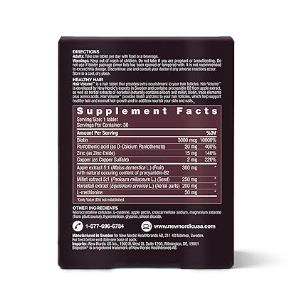 NEW NORDIC Hair Volume Tablets | 3000 mcg Biotin & Biopectin Apple Extract | Supports Natural Hair Growth for Thicker, Fuller Hair | Men and Women | 30 Count (Pack of 1)