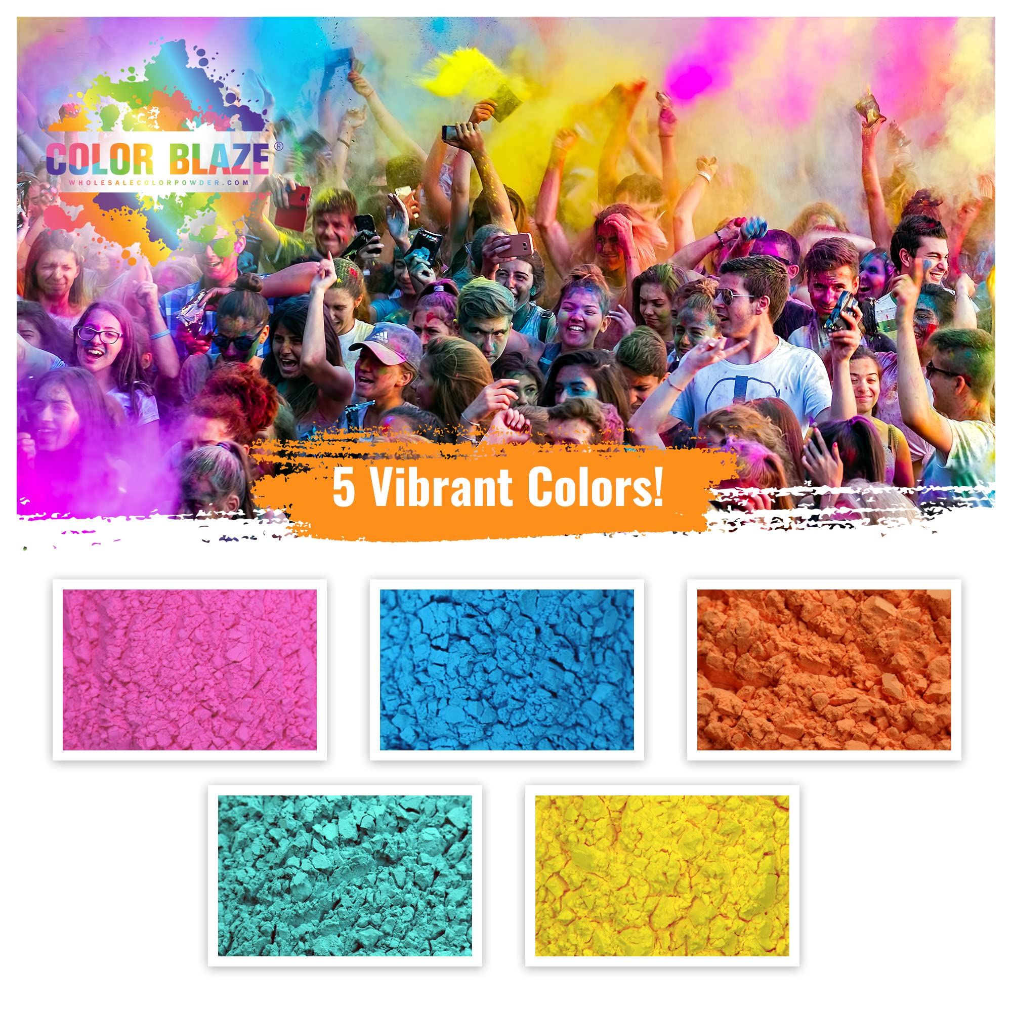 Color Blaze Holi Colored Powder - 5 lbs of Each Color - Pink, Orange, Yellow, Teal, Blue - For Toss, Rangoli, Fun Run, War, Party & Festival - Pack of 5 Bags - 25 Pounds in Bulk