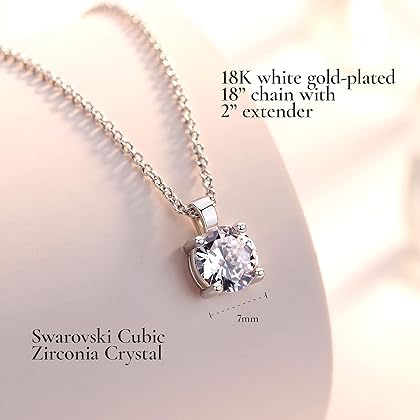 ROYALY 18K White Gold Plated Swarovski 7MM Crystal Pendant | Necklaces for Women | 18” Necklace Jewelry | Silver Chain Birthday Gifts for Women with Gift Box