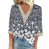 3 4 Sleeve Tee Womens Casual 3/4 Sleeve Blouse Floral Print Vacation T Shirts Plus Size Vintage Graphic Tunic Tops