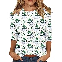 Crew Neck T Shirt for Women Christmas Tree Printed Tops 3/4 Length Sleeve Casual Vacations Classic Tops Shirt