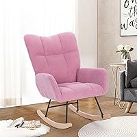 Rocking Chair Nursery, Teddy Upholstered Nursing Armchair with Wooden Base, Baby Glider Rocker with Backrest, Small Gliding Seat for Living Room, Bedroom, Office, 35 Inches Depth, Pink