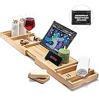 Premium Bamboo Bathtub Tray Caddy - Waterproof Tablet/Phone Case & Razor Slot - Expandable Bath Tray (up to 44in), Luxury Spa Bathtub Caddy, with Adjustable Reading Rack - Patent Pending