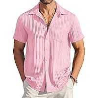 COOFANDY Men's Casual Button Down Shirts Short Sleeve Textured Linen Summer Beach Shirt with Pocket