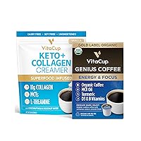 VitaCup Genius Gold Keto Coffee Pods & Keto + Collagen Vanilla Coffee Creamer Bundle for Keto Diet, Energy & Focus, 16 Ct Single Serve Pods & 10 oz Creamer Powder Bag