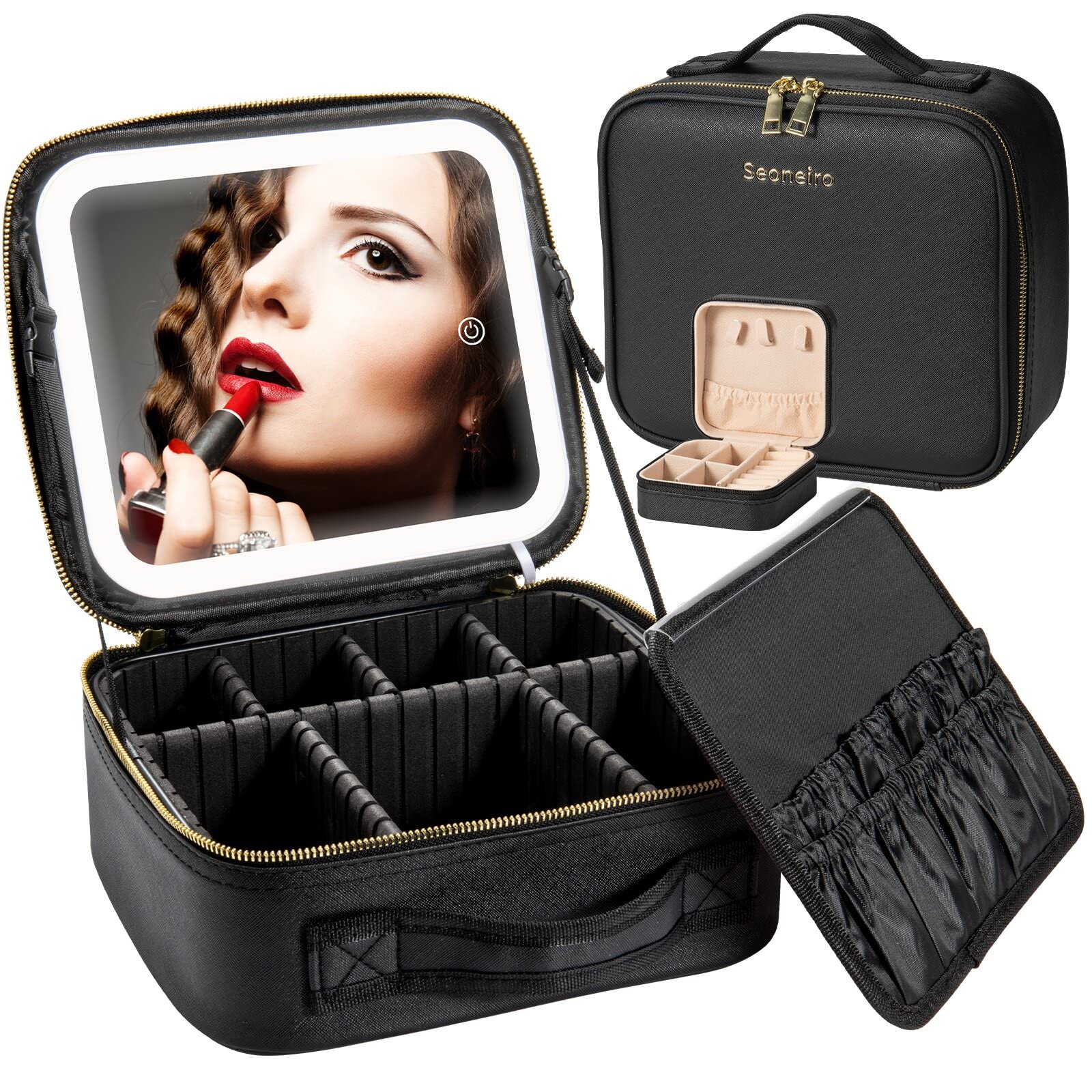 Makeup Travel Bag with LED Lighted Mirror Adjustable Brightness Portable Waterproof Makeup Case with Adjustable Dividers, Make up Train Case Organizer Makeup Brush Accessories and Tool Case (Black)