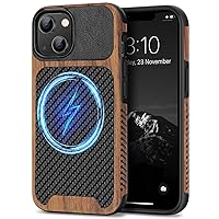 TENDLIN Magnetic Case Compatible with iPhone 14 Case Wood Grain with Carbon Fiber Texture Design Leather Hybrid Slim Case (Compatible with MagSafe) Black