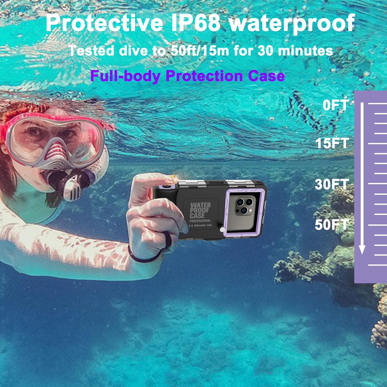 Djuiofdja Diving Phone Case,Professional Underwater Snorkeling Housing,IP68 Waterproof Protector,for iPhone Samsung Google LG Universal Photography Scuba Dive Cell Phone Case-Purple Black