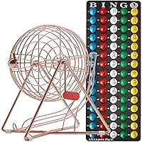 MR CHIPS 11 Inch Tall Professional Bingo Set with Steel Bingo Cage, Everlasting 7/8” Bingo Balls, Master Board for Bingo Balls - Rose Gold…