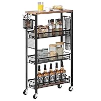 YITAHOME Kitchen Cart with Wheels, 4-Tier Slim Storage Cart, Mobile Utility Cart with Wooden Tabletop and Mesh Baskets, 19.2''x 7.3''x 34.3'', Rolling Cart for Kitchen, Bathroom, Laundry Room