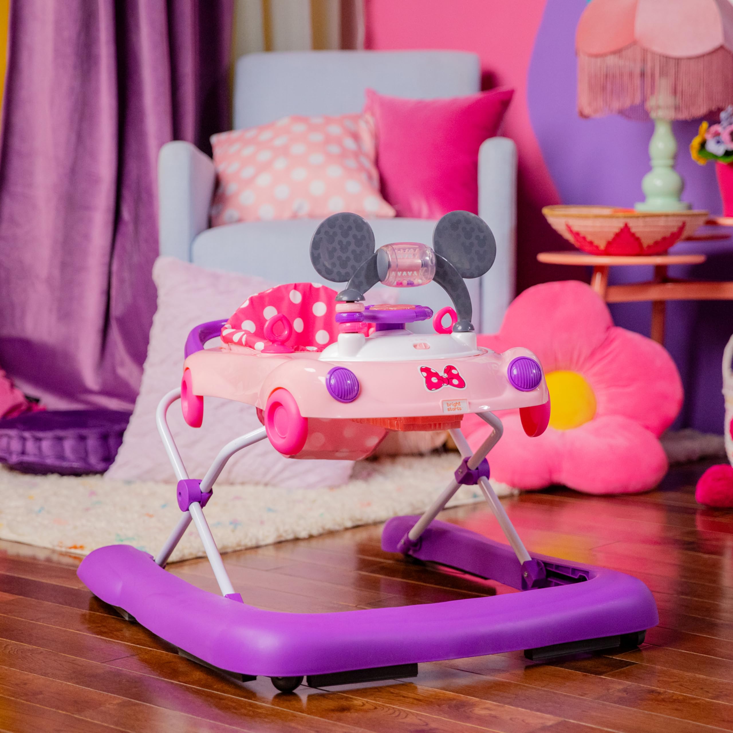 Bright Starts Disney Baby Minnie Mouse Go, Go Bows 3-in-1 Car Walker, Pink and Purple, 6-24 Months