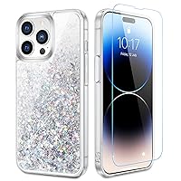 Caka Compatible for iPhone 14 Pro Max Case Glitter for Women Girls with Screen Protector Bling Sparkle Liquid Flowing Quicksand Clear Phone Case for iPhone 14 Pro Max 6.7 inch - Silver