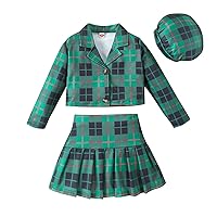 Toddler Autumn And Winter Plaid Lapel Long Sleeve Short Jacket High Waist Pleated Skirt Hat Girls'