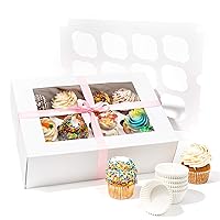 SMIRLY White Cupcake Boxes with Inserts, Liners & Ribbons - Set of 4 Large Bakery Boxes with Window Display for Transporting & Storing Cupcakes