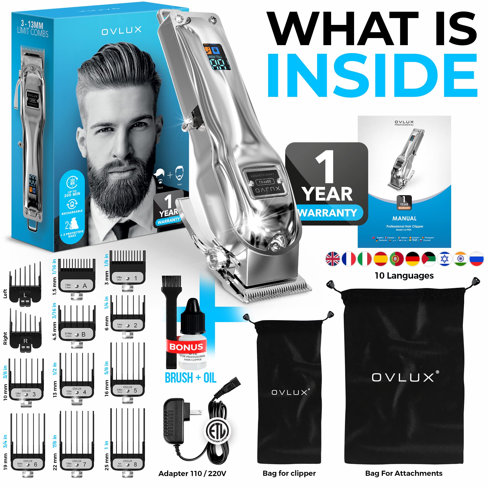 OVLUX [Newest 2023] Hair Clippers for Men - Professional Cordless Rechargeable Clippers for Hair Cutting, Full Metal Beard Trimmer, Barbers Trimmer, Birthday Gifts for Men, Gifts for Him Dad, Silver