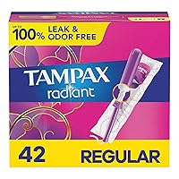 Radiant Tampons Regular Absorbency with BPA-Free Plastic Applicator and LeakGuard Braid, Unscented, 42 Count