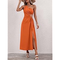 ABOUD Women's Dress One Shoulder Cut Out Drawstring Side Split Thigh Dress (Color : Burnt Orange, Size : Large)