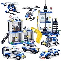 808 Pcs City Police Stations Building Blocks Sets, Double 2-Level Police Stations, with 4 Cop Cars and 2 Helicopters, STEM Toy Sets with Storage Bucket Gift Idea for Boys and Kids 6+