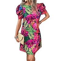 RASNEY Women's Dress Tropical Print Puff Sleeve Dress Dress IPADSA