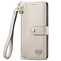 Wallet Case Compatible with Samsung Galaxy S24 Ultra 5G, RFID Blocking Zipper Pocket Purse Love PU Leather Kickstand Wrist Strap Phone Case with 7 Card Slot (Grey)