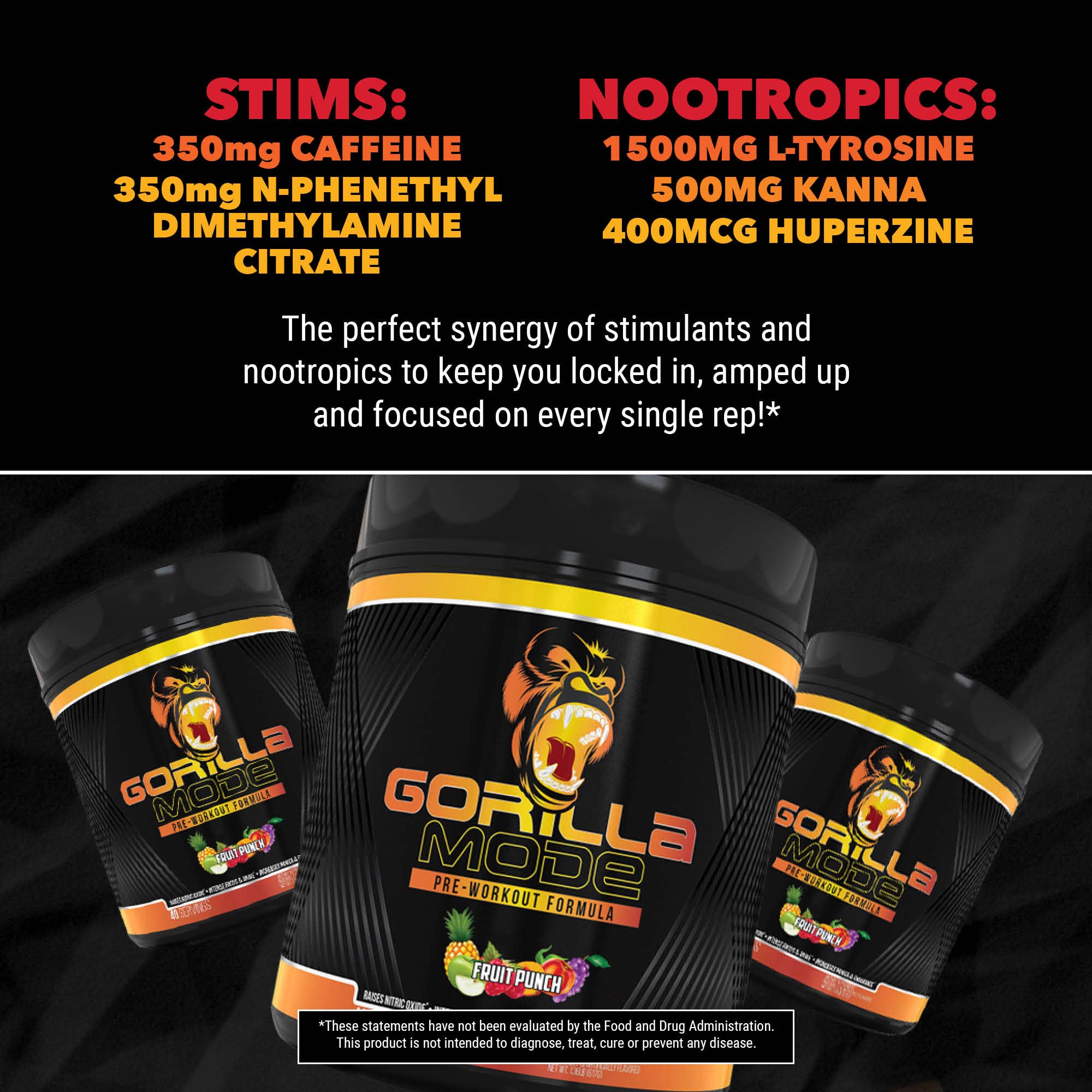 Gorilla Mode Pre Workout - Massive Pumps · Laser Focus · Energy · Power - L-Citrulline, Creatine, GlycerPump™, L-Tyrosine, Agmatine, Kanna, N-Phenethyl Dimethylamine Citrate - 590 Grams (Orange Krush)