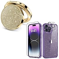 MIODIK Bundle - for iPhone 14 Pro Max Case Clear Glitter (Light Purple) + Phone Ring Holder (Gold), with Screen Protector & Camera Lens Protector, Protective Shockproof for Women