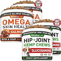 Omega 3 + Hemp + Glucosamine Bundle - Allergy & Itch Relief + Hip Joint Pain Relief - Omega 3, Chondroitin, MSM - Hot Spots Treatment, Anti Itch + Advanced Mobility Hemp Oil - 600 ct - Made in USA