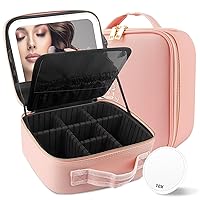 Travel Makeup Bag Cosmetic Bag Makeup Organizer Bag with Lighted Mirror, Adjustable Brightness in 3 Color Scenarios, Waterproof Makeup Train Case, Gift for Women - Pink