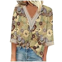 3/4 Sleeve Lace Tops for Women Print V-Neck Shirts Flower Patterned Blouse Summer/Fall Casual Pullover Tees