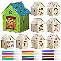 9 Pcs Spring Wooden Houses for Crafts Graffiti Craft Supplies with 12 Watercolor Pens Wood Kits for Kids Adults DIY Colors Painting Party Ornament