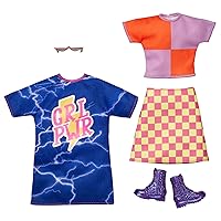Barbie Fashions 2-Pack Clothing Set, 2 Outfits Doll Includes Color-Blocked Shirt with Checkered Skirt, a “GRL PWR” Blue Sweatshirt Dress & 2 Accessories, Gift for Kids 3 to 8 Years Old