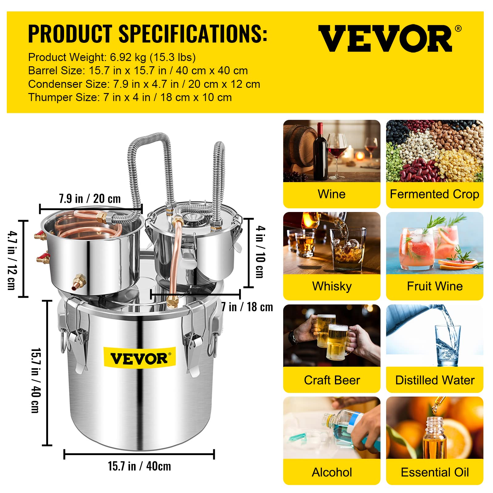 VEVOR Alcohol Still, 13.2Gal / 50L Stainless Steel Water Alcohol Distiller Copper Tube Home Brewing Kit Build-in Thermometer for DIY Whisky Wine Brandy, Silver