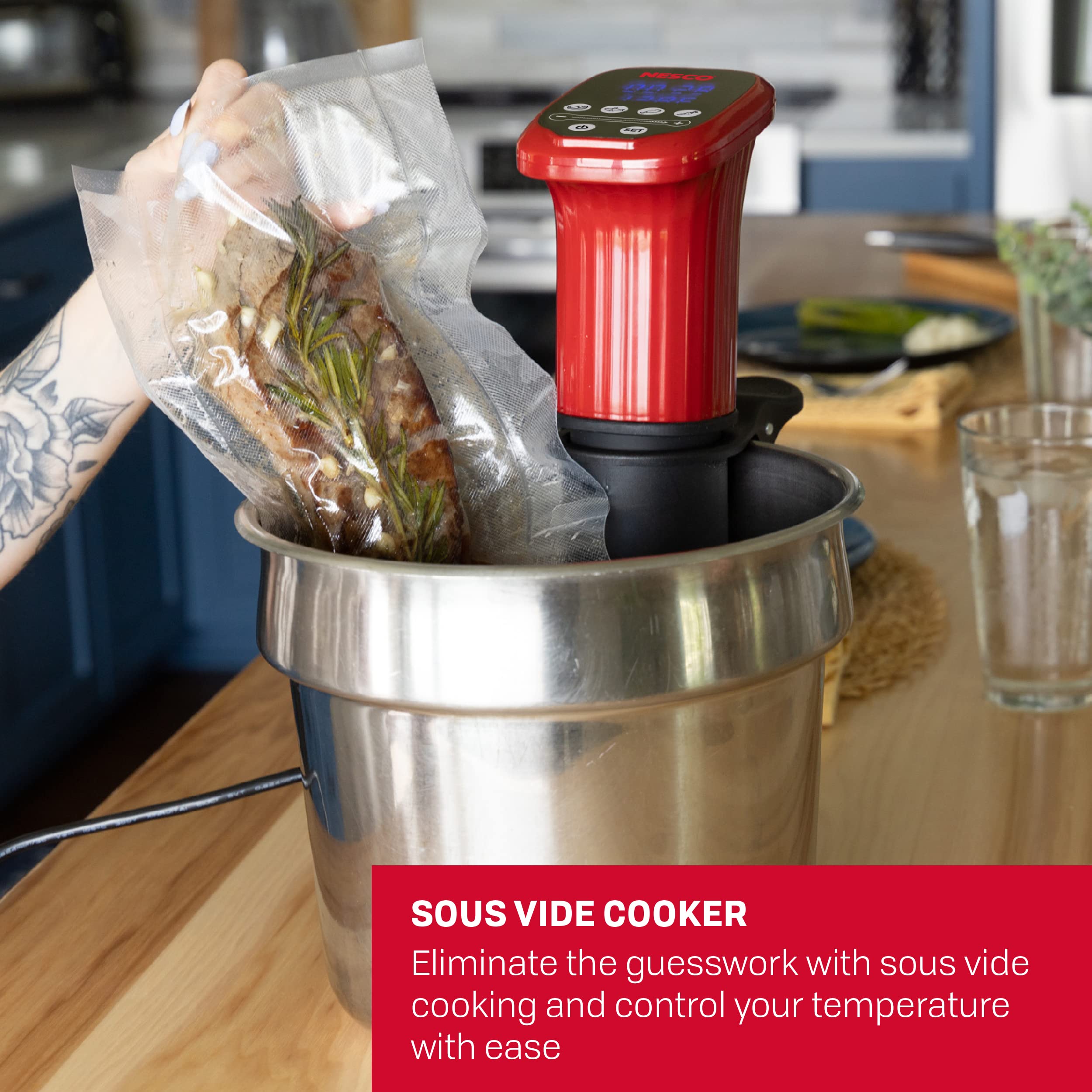 Nesco SVC-1000 Sous Vide Precision Cooker with Digital Display and Pre-Programmed Cooking Options for Meat, Fish, Chicken and Vegetables, 1000 Watts, Red and Black