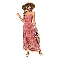 Summer Long Waist Skirt Beauty Bohemian V-Neck Sling Floral Dress (red,XL)